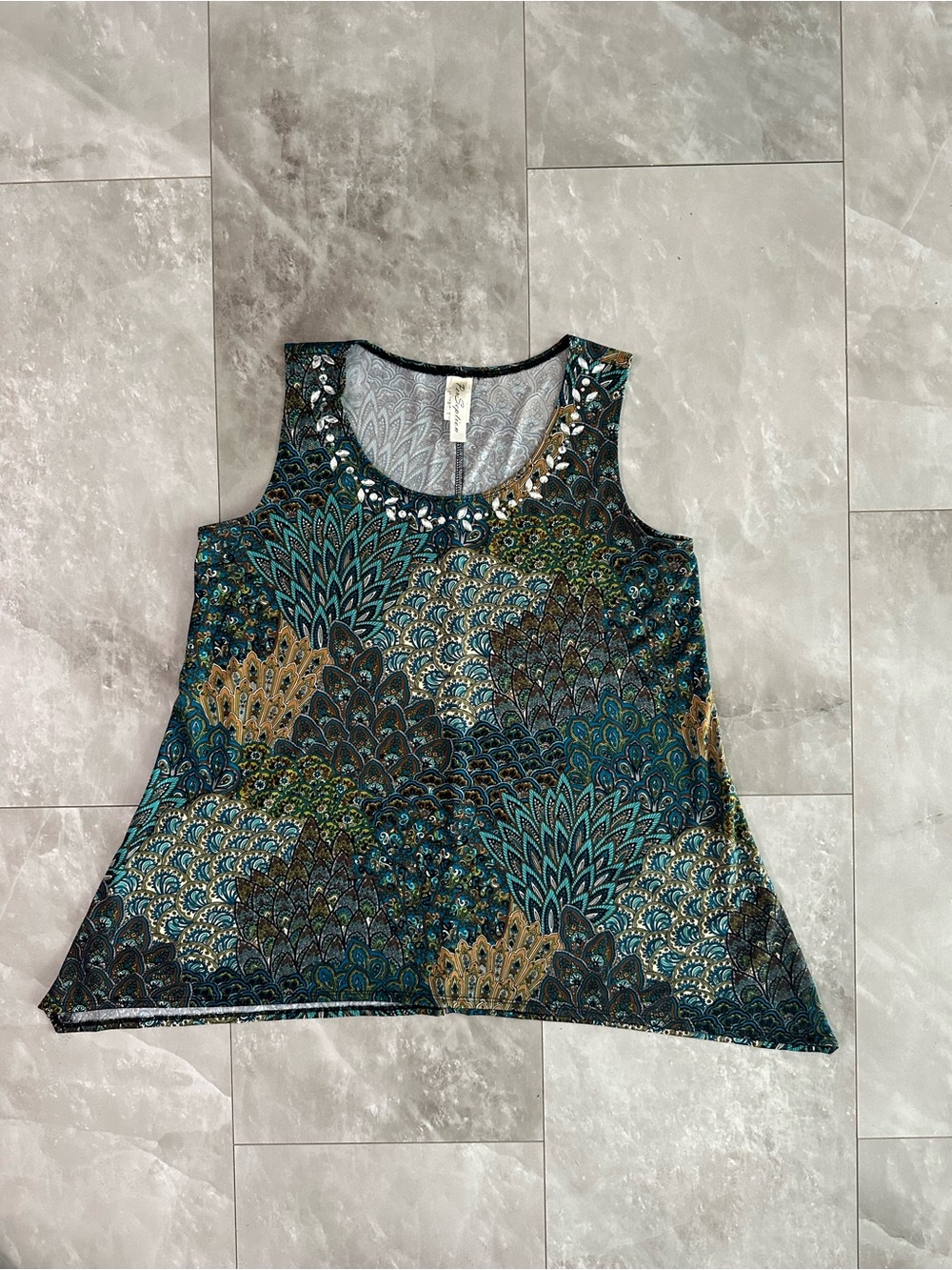 Perseption Teal, Gold & Black Patterned Embellished Tank